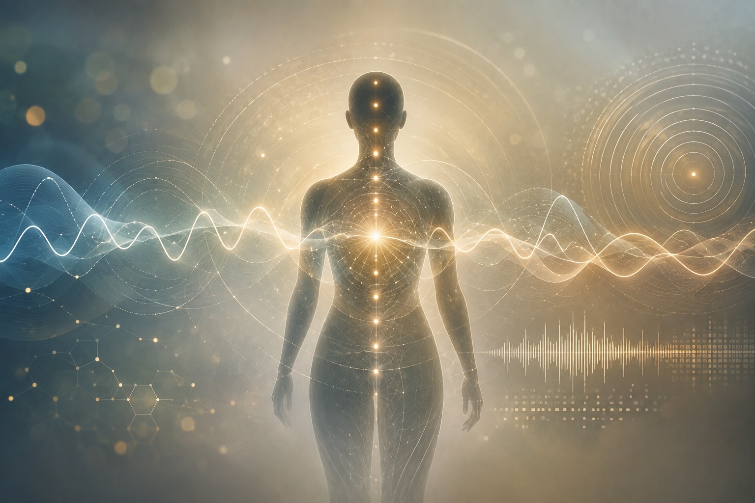 Illustration of energy waves flowing through a human figure, representing bioresonance