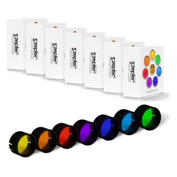 Seven coloured glass filters, 5 cm, with their boxes